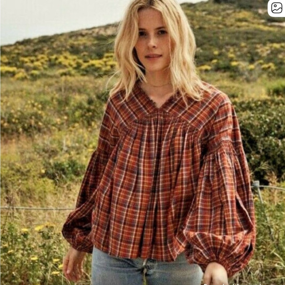 Doen Plaid V-Neck Women's Top - sz S
